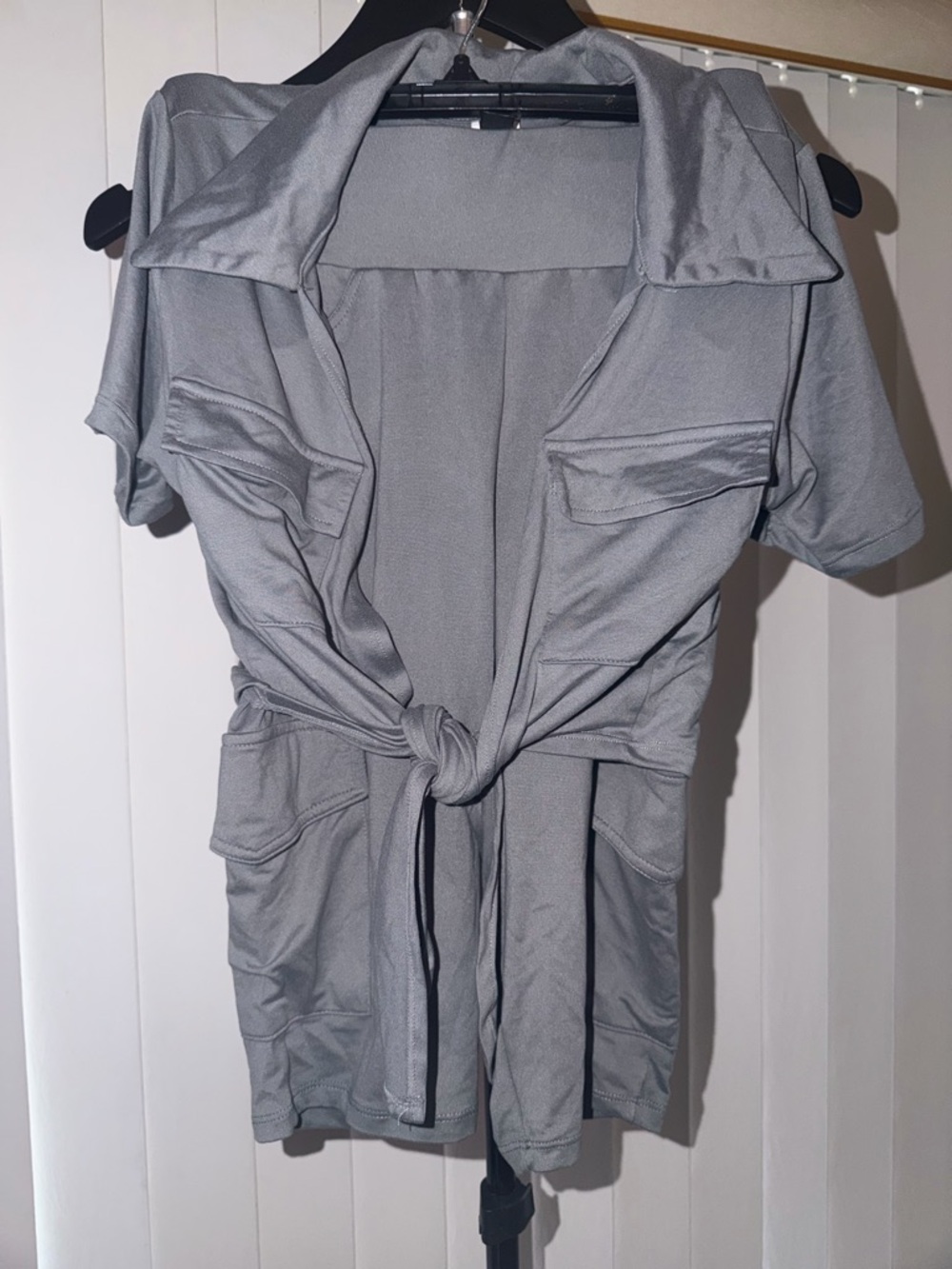 Light Gray Short Sleeve Utility Romper with Tie Front, 2 Piece Set